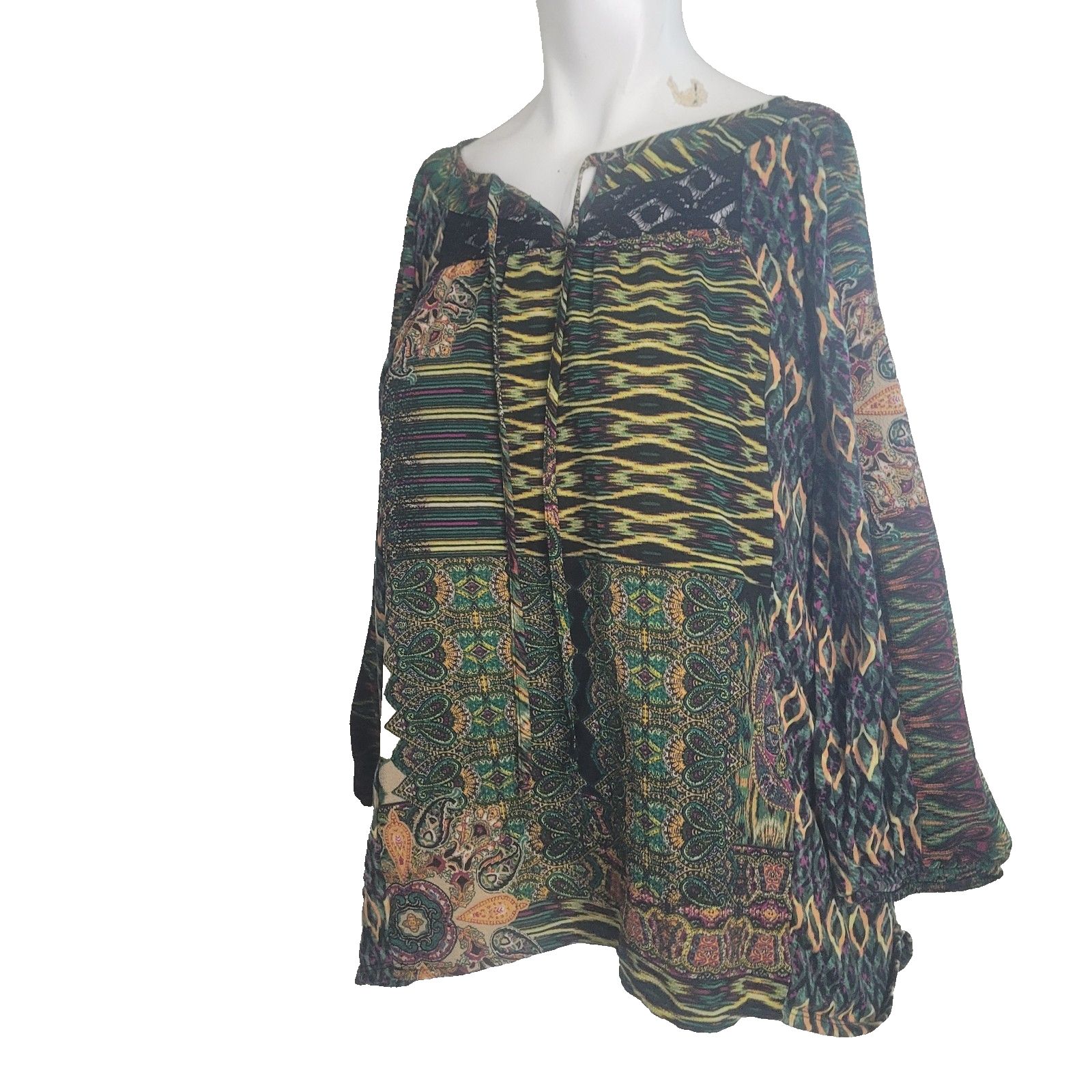 Fig & Flower Large Blouse Patchwork Geometric Texture Drawstring Shirt Top Tunic